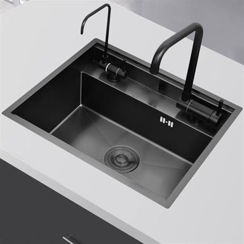 Fregadero de cocina negro de un solo tazón con grifo plegable y estación de trabajo, fregadero oculto de grado comercial para casa de campo y cocina utilitaria (35 x 45 x 22 cm)