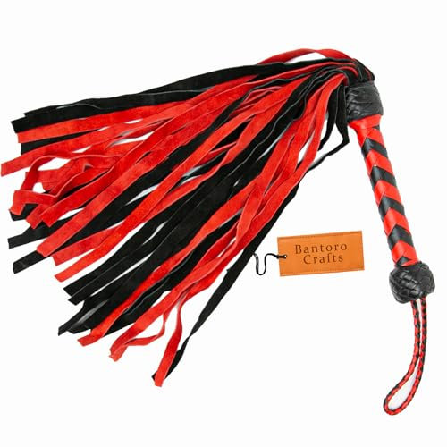 30 Falls für BDSM, Bondage und erotische Schlagspiele Peitsche, rote und Schwarze Premium-Leder-Peitsche, Thuddy Flogger