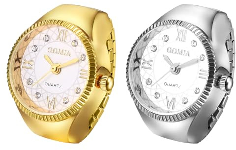 JewelryWe Fingerklocka elastisk ringklocka dam: uppsättning av 2 analog kvarts fingerringsklocka rostfritt stål stretchband klocka ring unisex med dragsko och romerska siffror diamantskala,