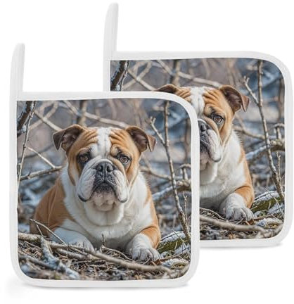Topflappen-Set mit englischen Bulldoggen, personalisierbar, hitzebeständig, für Küche, Kochen, Grillen, Backen, Topflappen, Erntedankfest, Dekoration, Geschenk, 20,3 x 20,3 cm, 2 Stück