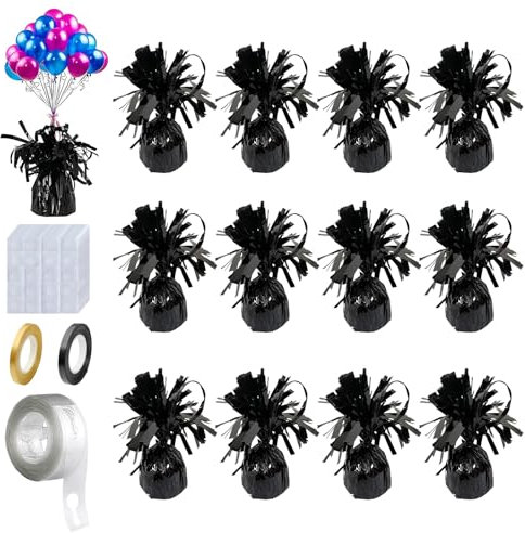 12PCS Heavy Balloon Weights, Helium Balloon Weights, With 2 Rolls Ribbon, 1 Roll Ball oon Arch Strip & 200Pcs Glue Dots, Balloons Accessory for Birthdays Parties, Events & Celebrations, Black