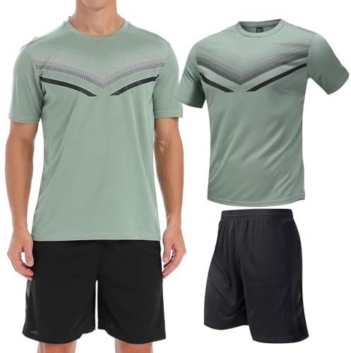 BOOMCOOL Workout Clothes for Men Shirt and Shorts Set Outfits Athletic Running Gym Workout Basketball Green Short Sleeve Quick Dry Crew Neck