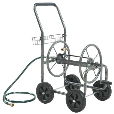 pro.tec Carrello Avvolgitubo in Acciaio per Tubo di Irrigazione Carrello Portatubo 84x48x93 cm da Giardino con Cestino e 4 Ruote Pneumatiche Avvolgimento Manuale per Tubi da 65 m