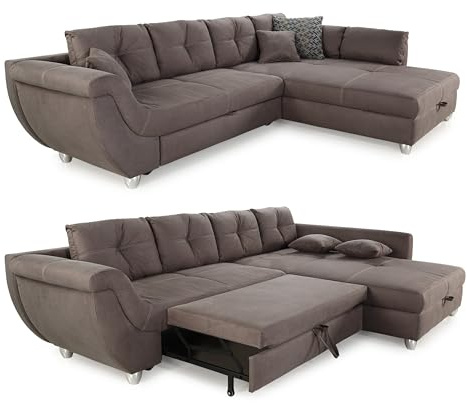 luma-Home 15231/ Großes Ecksofa mit Schlaffunktion & Bettkasten, Braun | B330/T207/H90 cm, Ottomane links oder rechts montierbar, Wellenunterfederung, Mikrofaser-Bezug