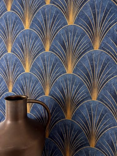 Newroom Vliestapete Blau Geometrisch Art Deco Muster Tapete Wohnzimmer | Art-Deco-Fächermotiv, Metallic-Goldglanz, samtige Struktur, Mustertapete, Wandtapete Schlafzimmer, Flur