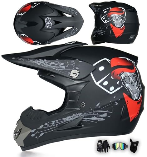MODRYER Casco Motocross con Occhiali Guanti Maschera Bambini Gioventù Adulti Casco Integrale Cross per ATV Downhill off Road Go Kart BMX MTB MX Discesa Enduro Dirt Bike Scooter,Matte Black-M/54~55cm