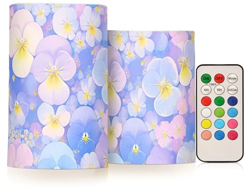 SyXIOP Velas parpadeantes decorativas sin llama, diseño de flores de pensamientos azul claro y rosa, con control remoto con temporizador para chimenea al aire libre, funciona con pilas