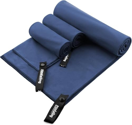 Fosdaling Mikrofaser Handtuch 3er Set - Groß 180×90cm & 2 Klein 80×40cm, Schnelltrocknend Microfaser Sporthandtuch, für Badetuch, Reisehandtuch, Fitness & Sport Handtücher & Strandtuch (Dunkelblau)