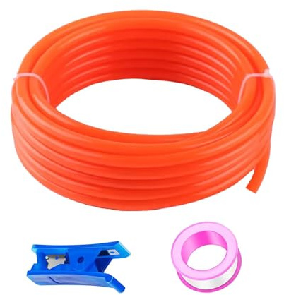 HUAZIZ 20 m orange PU pneumatisk slang, pneumatisk polyuretanslang, flexibel tryckluftsslang, yttre 6 mm x inre 4 mm + 1 st blå slangskärare + 1 st rosa teflonband