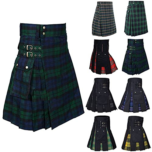 Kilt scozzese da uomo a righe scozzesi gonna plissettata da uomo con tasche tartan kilt con cinghie lunghezza kilt tradizionale classico scozzese nero orologio gonne da uomo UK, Verde militare, XXL