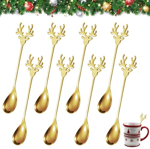 WEFHEF 8 Stück Weihnachtslöffel, Elch Rührlöffel Edelstahl Löffel Elchlöffel Weihnachts Dessertlöffel Weihnachten Kaffeel Geschenk Kuchenlöffel Teelöffel Weihnachtsbesteck für Familie (Gold)