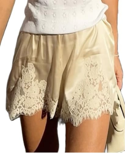 Women Floral Lace Trim Satin Shorts Silky Slip Culotte Pettipants French Knickers Y2k Lounge Short Bloomer Bottoms(Gold,S)
