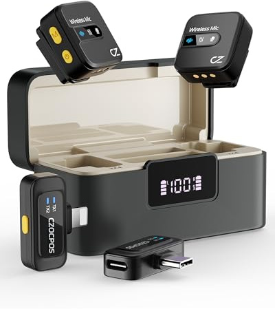 CZOCPOS Mikrofon Kabellos für iPhone/iPad und Android mit Ladecase, Ansteckmikrofon mit Geräuschunterdrückung, Lavalier Mikrofon für Videoaufnahmen/YouTube/Vlogs/Live-Streaming