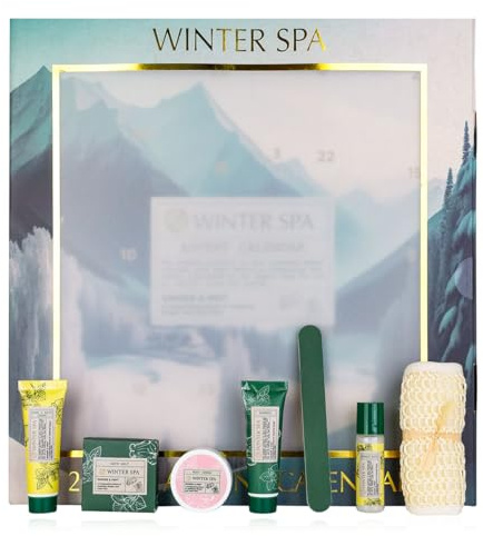 Accentra – Adventskalender Skönhet 2025 med 24 wellness- och kroppsvårdsprodukter – SPA-vård Adventskalender för kvinnor med bodylotion, badsalt, tvål, duschbomb, ljusstake – Julkalender