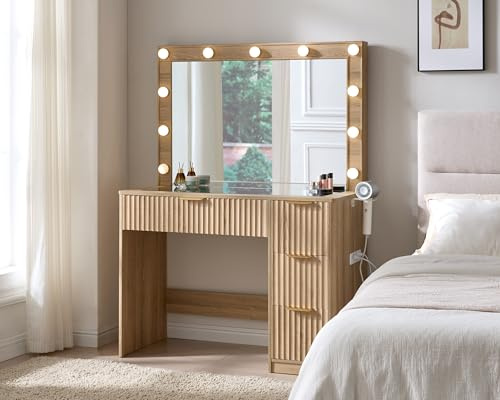 AMERLIFE 36.2 Fluted Vanity Desk with Large Mirror and Adjustable LED Lights, 4 Drawers Makeup Table with Glass Top and Charging Station for Women and Girls, Bedroom or Dorm, Oak