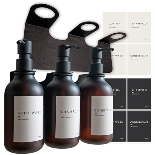 MILUKA Dispensador Jabón Pared - Sin Taladro | 3 Dosificadores 500 ml, Botella Rellenable Pet Ámbar con Soporte Adhesivo Invisible | Organizador Ducha para Champú y Gel | 8 Etiquetas