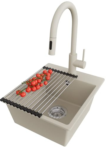 PRIMAGRAN Fregadero Granito al Mueble 40cm + Grifo, 38x44cm | Set: Grifo BW9010 + Kit de desagüe + Enrollable Escurridor + Riga Easy 1 Seno para Cocina, Beige