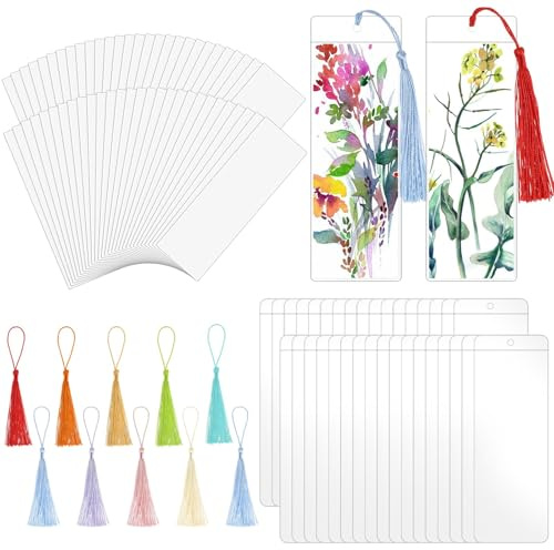 Blanko Lesezeichen Set, 60 Stück Lesezeichen Papier Basteln mit 60 Bunten Quasten, Inklusive 60 Transparente Lesezeichenhüllen, für Schule, Kreativprojekte, DIY Handwerk Geschenkanhänger