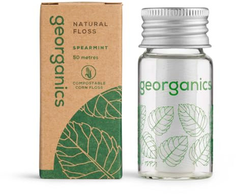 Georganics Plastic-Free Natural Dental Floss - Vegan, Cruelty-Free Castor Oil Floss - Spearmint Flavour - Fluoride-Free Oral Health - Eco-Friendly Refillable & Biodegradable - 50m Length