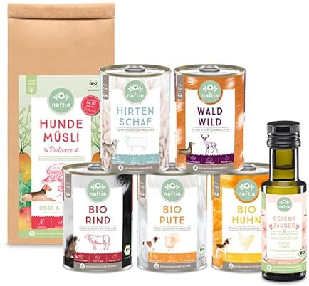 naftie Bio & Premium Hundefutter Schnupperbox Pur zum Mischen - Reinfleischdosen Plus Bio-Flocken und Bio-Öl für Hunde - getreidefrei, glutenfrei