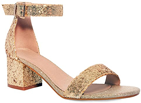 Kvinnors brudsandaler glitter låg blockklack ankelrem damer bröllop kväll fest brudtärna bal öppen tå skor, Guld glitter fuskläder, 38 EU