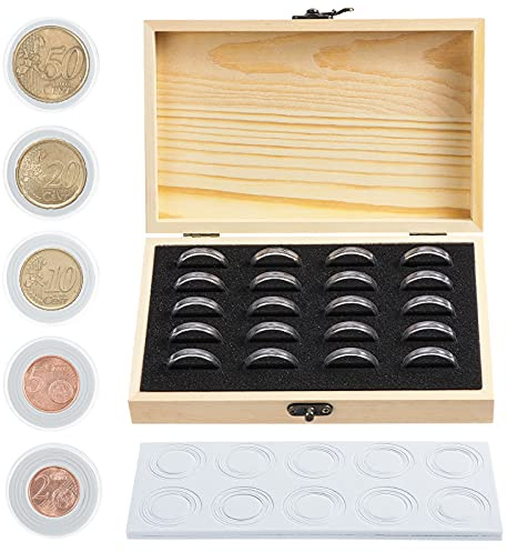 Kinsinder Förpackning med 20 trämynt uppsamlingslådor med runda mynt kapslar plast för myntsamlare 18 mm/20 mm/23 mm/25 mm/27 mm