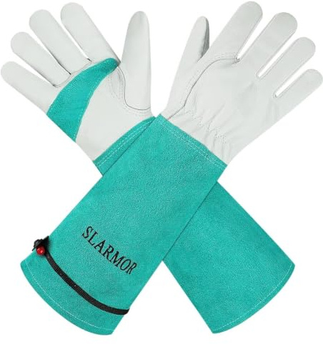 SLARMOR Lange Gartenhandschuhe Damen Abeitshandschuhe Herren | Hochwertiges 100 % Rindsleder, extra lange Stulpe, verstärkte Handflächen und Fingerspitzen