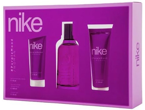 NIKE - Purple Mood Colonia 100 ml + Gel de Baño 75 ml + Crema Corporal 75 ml, Estuche de Regalo Mujer, Eau de Toilette Natural y Femenina, Aroma Floral Gourmand, Fragancia Fresca, Dulce y Duradera