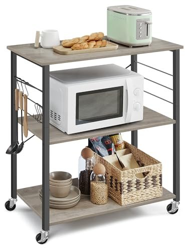 VASAGLE Köksvagn med hjul, serveringsvagn med 3 hyllor, hylla för mikrovågsugn, ugn, brödrost, metallkonstruktion med 6 krokar, grön melange och svart KKKS067K02