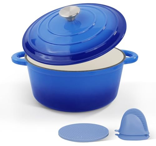 CookNexa 6 Quart Enameled Cast Iron Dutch Oven Pot with Lid and Silicone Accessories, Oven Safe up to 500°F or on Stovetop, Non-stick Dutch Oven for Bread Baking, Cooking, Dual Handles Cookware, Blue