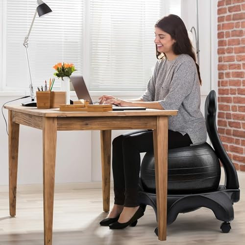 Sittboll Bollstol Kontorsdäck Yogaboll med Ryggstöd, Ergonomisk Anti-burst Bollstol med Rullbas, Svart Träningsstol Förbättrar Balansen