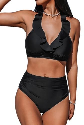 CUPSHE Ensemble de bikini deux pièces pour femme - Taille haute - Dos nu - Col en V - Bordure à volants - Maillot de bain froncé, noir, Taille L