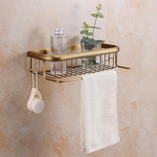 Panier de douche mural en laiton antique avec barre porte-serviettes