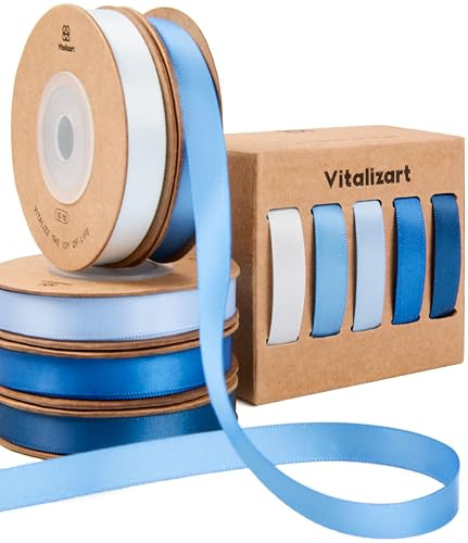 Vitalizart blå serie satinband för hantverk 0,95 cm x 45,7 m (5 rullar x 9,14 m), dubbelsidigt tygband för presentförpackningar, slipning, brudbukett, dekoration