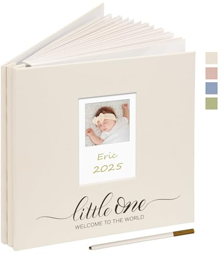 Vienrose Self Adhesive Photo Album 4x6 with Window Baby Memory Book Fabric Cover with PVC Cover Photo Sleeve & 2 Decorative Cards DIY Scrapbook for Newborn, Baby Shower 20 Sheets 40 Pages Beige