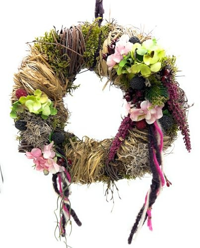 Tisch- oder Türkranz rund ø 28 cm - Kranz aus Naturmaterialien, mit Beeren und Rosen - Sommer - Herbst - Winter als Willkommensgruß (Art.893)