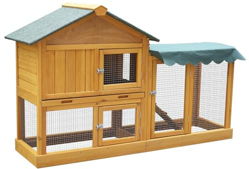 Deuba Kaninchenstall Winterfest, Hasenstall aus Holz mit Freilaufgehege, 152x51x95 cm, Asphaltdach, Sonnenschutz, Hühnerhaus mit Auslauf