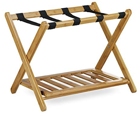 Relaxdays Kofferständer Bambus, klappbar, für Koffer & Reisetaschen, Natur | 2 Ablagen, Gepäckablage, HBT 53 x 68 x 47 cm