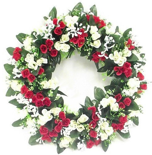 42cm Artificial Red & Ivory / Cream Rose Wreath for in or outdoors - Home Grave Wedding