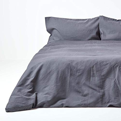 HOMESCAPES Parure de lit en Lin lavé avec Housse de Couette 200x200 cm et 2 taies d'oreiller 50x75 cm, Coloris Gris