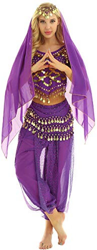YiZYiF 4 delar magdans kostym för kvinnor, topp + haremsbyxor + huvudduk + höftduk indiska danskläder Belly Dance karneval performance outfits, violett, En Storlek
