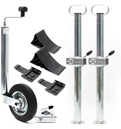 Wiltec Anhänger Set 10-teilig, Stützrad bis 362 kg Traglast mit Klemmhaltern, Stützen & Unterlegkeilen