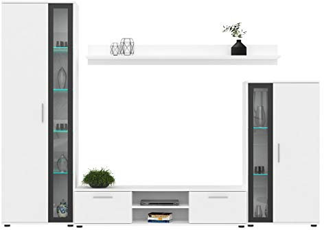 Wohnwand Bentley, Praktische Anbauwand, Schrankwand, Mediawand, mit viel Stauraum, Top-Qualität (Weiß/Schwarz, mit LED Beleuchtung)