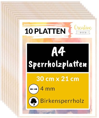 Creative Deco 10 x A4 Compensato Pannelli Legno Betulla 4mm | Pannelli Compensato 300 x 210 x 4 mm (+/- 2mm) | Fogli di Legno per Decorazione, Modellare, Pannelli Taglio Laser, Pirografia, Pareti