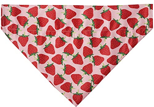 Odi Style Summer Dog Bandana Collar – Over The Collar Bandanas für kleine Hunde, Welpen und Katzen, doppelseitig wendbar, Erdbeere Slip on Dog Bandana, rote Erdbeeren auf rosa Hintergrund, ein Stück