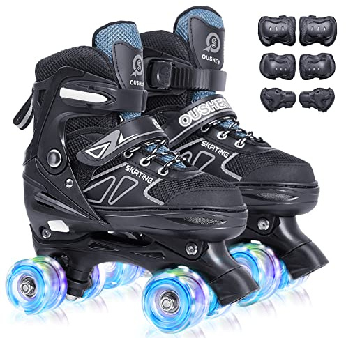 Boys' Double-Row Roller Skates with Protective Gear - One-Click 4-Size Adjustable, Safety Brake System with Latch & Light-Up Wheels, Indoor/Outdoor Youth Skates for Kids Ages 3-12
