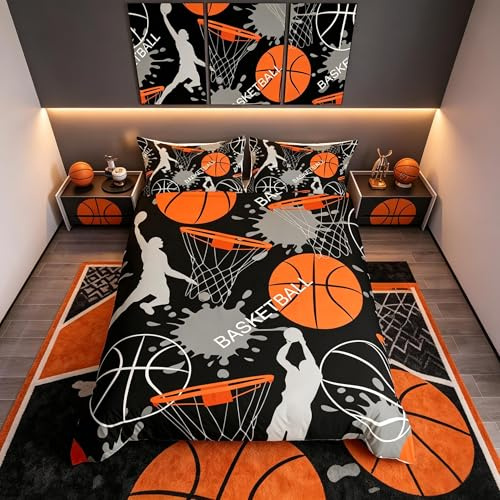 Loussiesd Set di biancheria da letto per bambini a tema basket, con copripiumino e 1 federa, per bambini, ragazzi e ragazzi, 1 copripiumino con 1 federa, nero e arancione, per letto singolo