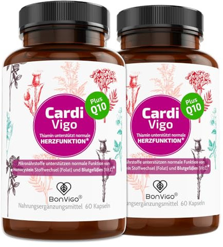 BonVigo® CardiVigo Kapseln mit Q10 - Thiamin B1 unterstützt normale Herz-Funktion, Folat normalen Homocystein Stoffwechsel - Pflanzen Komplex Weißdorn, Crataegutt, Rohkakao, Schwarzer Knoblauch (2)