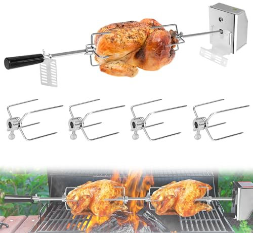 YUENFONG Juego de brochetas para Barbacoa, Incluye 4 Pinzas para Carne, 1 Motor eléctrico, pincho Giratorio de Acero Inoxidable (Motor 220-240 V), 107 cm, para asador Giratorio y Parrilla de Gas