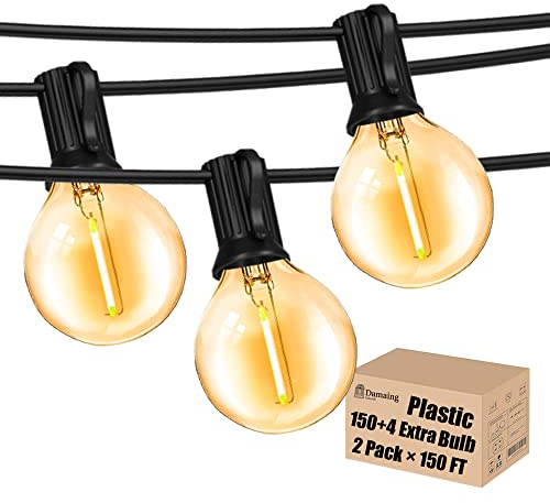 DAMAING Outdoor String Lights 300FT Waterproof Globe String Lights with 150+4 Shatterproof G40 LED Bulbs,Dimmable Connectable Patio Lights String for Hanging Bistro Backyard Gazebo,2-Pack x 150 FT